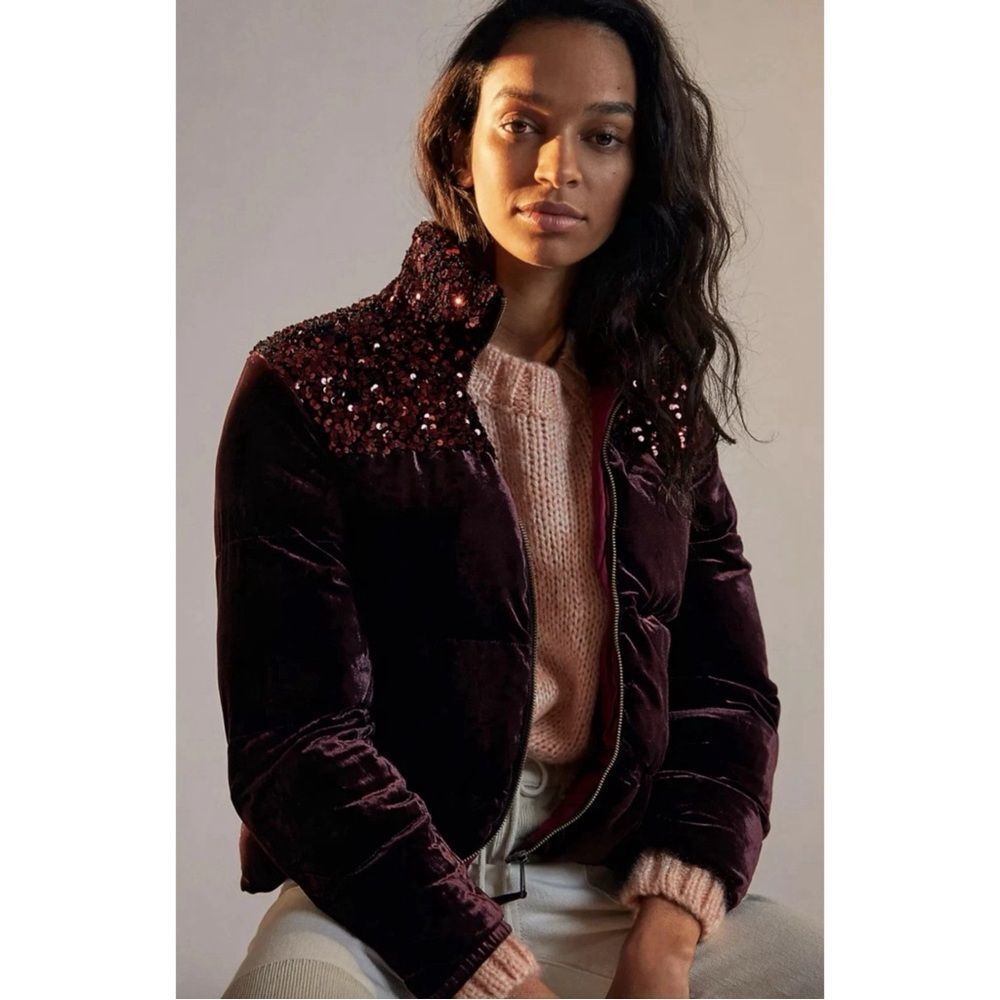 BNWT Anthropologie Maeve Wine Burgundy Vera Sequined Velvet Puffer Jacket L Chic